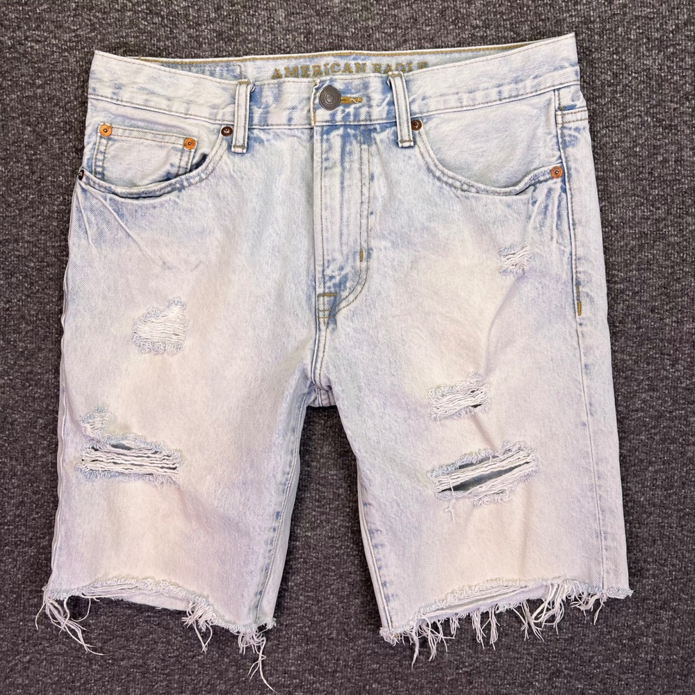 American Eagle Denim Shorts Mens 32 Light Wash Distressed Casual Raw Hem Ripped